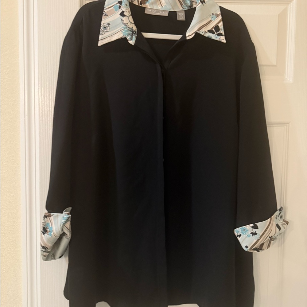 Kate Hill Black Button Down Shirt with Floral Trim